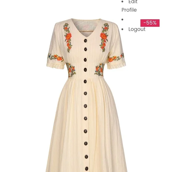 Retro-stage Embroidered Button-Front Midi Dress with Orange Floral Detail XXL - Picture 5 of 5